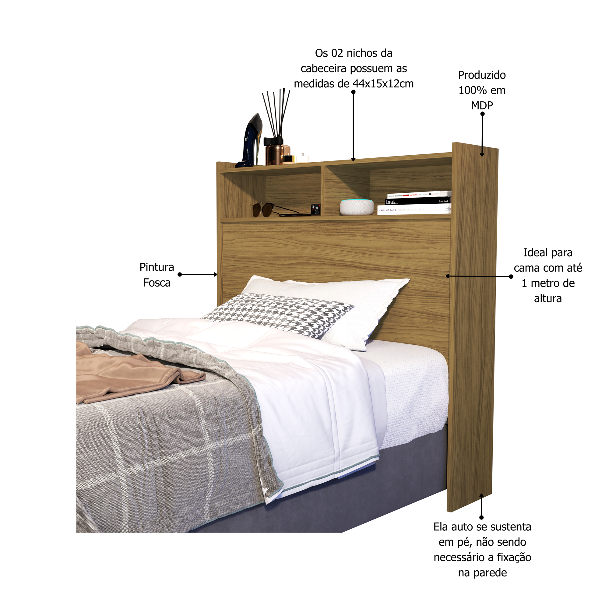 Cabeceira Box de Solteiro Melissa 90cm para Quarto com Nicho e Prateleira Colchao Box Solteiro:freij - 3