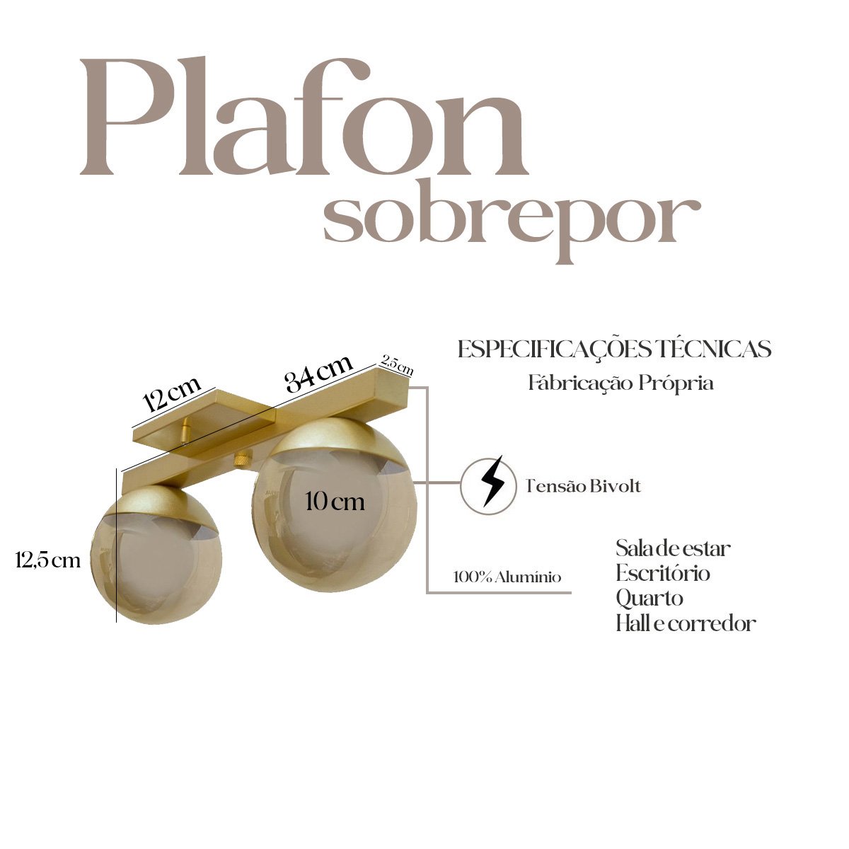 Plafon Sobrepor Duplo Dourado em Aluminio com Globo Vidro Ambar Soquete G9 Tensao Bivolt - 2