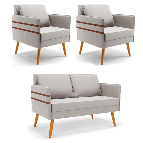 Kit 01 Namoradeira 02 Lugares e 02 Poltronas Cinza Castanho