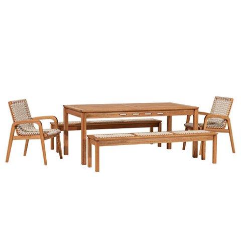 Mesa de Jantar com 02 Bancos de Madeira e 02 Cadeiras com Braço Trammare C07 Corda Náutica Areia