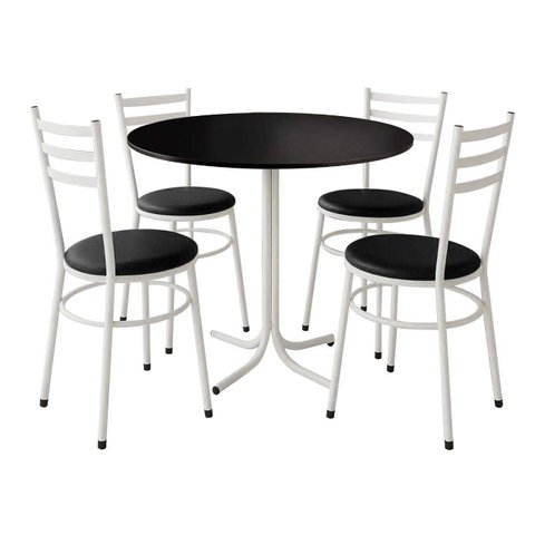 Mesa de Jantar Redonda 80cm Preta com 4 Cadeiras Estofada Branca