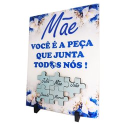 Porta Retrato Dia Das Mães Flores Azuis Decorativo em Azulejo 20 X 15 Cm Coleção Tea & Amor Azumae01 - 1