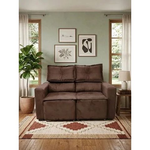 Sofá Retratil 2 Lugares Compacto Reclinável Suede Moderno Marrom