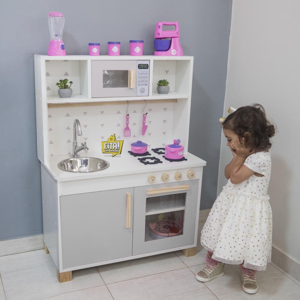 Cozinha Infantil com Pia Fogão e Microondas Eita Casa Perfeita Cinza - 2