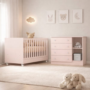 Jogo de Quarto Infantil Rosa Acetinado Berço e Cômoda sem Colchão - Qmovi