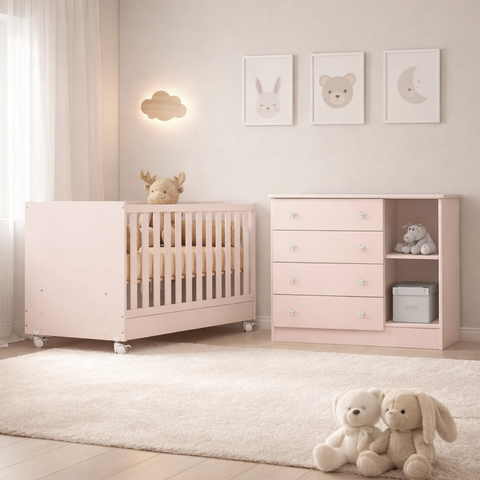 Jogo de Quarto Infantil Rosa Acetinado Berço e Cômoda sem Colchão - Qmovi