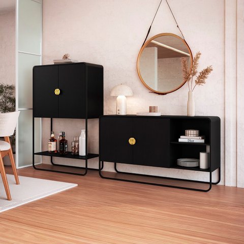Conjunto Sala de Estar Buffet e Bar Estilo Orgânico Nero/preto