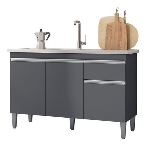Multiuso Balcão Tatiane 120cm 3 Portas 1 Gaveta - com Tampo - Cinza