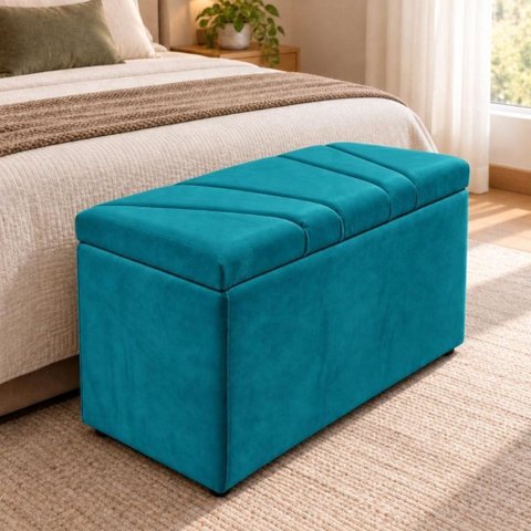 Calcadeira Recamier Baú Estofada 100cm para Cama Solteiro Suede Azul Turquesa