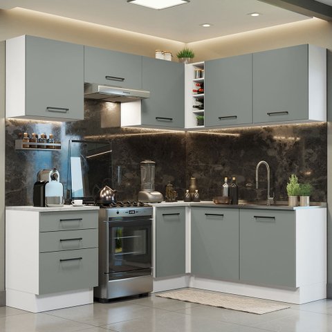 Cozinha Completa de Canto Madesa Agata 399002 com Armário e Balcão (Sem Tampo e Pia) Branco/Cinza Co