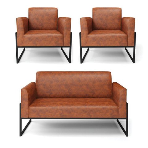Sofá Namoradeira com 2 Poltronas Base Industrial Alta Preto Marisa Corano D03 - D\'rossi Cor Nozes