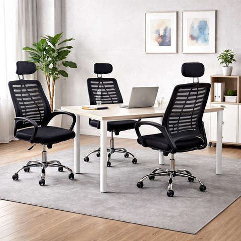 Kit 3 Cadeiras Escritório Diretor Tela Mesh Encosto de Cabeça + E-book