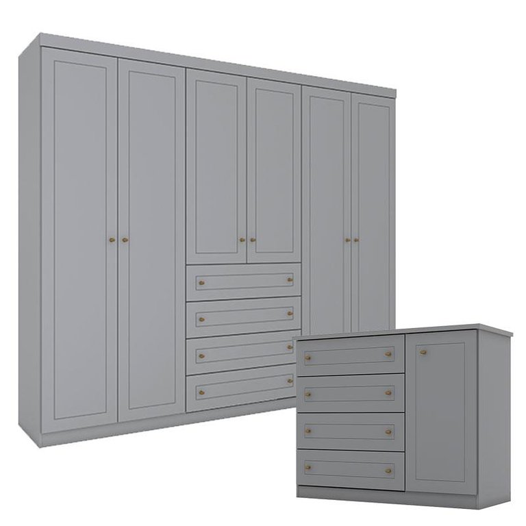 Cômoda e Guarda Roupa Casal 6 Portas Mississipi Cinza – Henn