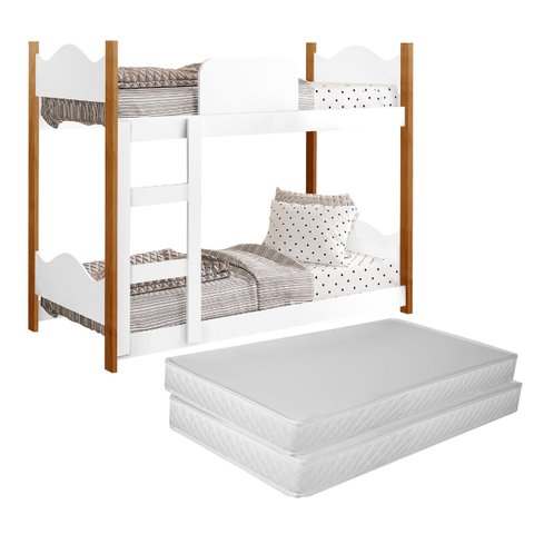 Beliche Infantil Encanto Moderna Quarto da Criança Conforto Grade Proteção com 2 Colchões Cor Branco
