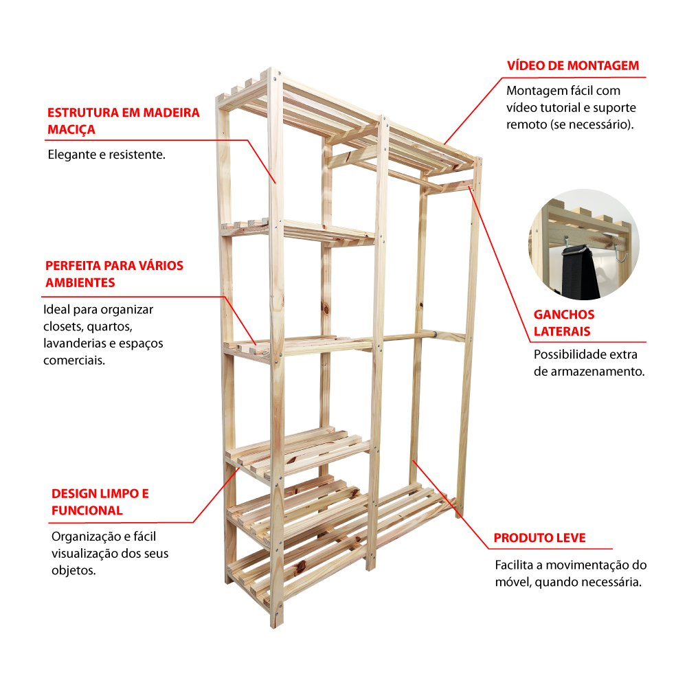 Armário Arara Closet Multifuncional P Quartos Lojas C Dois Cabideiros e Cinco Prateleiras em - 8