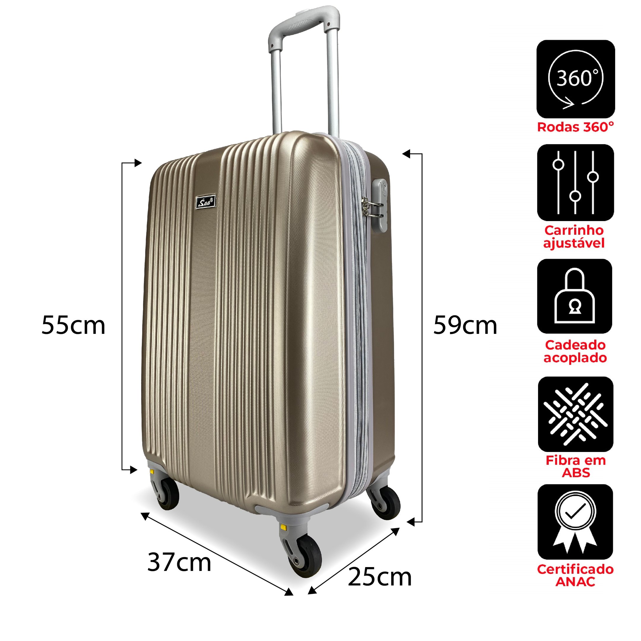 Mala de Viagem de Bordo Roda Giro 360 Grau Rígida Italia 25x59x37cm Champanhe - 6