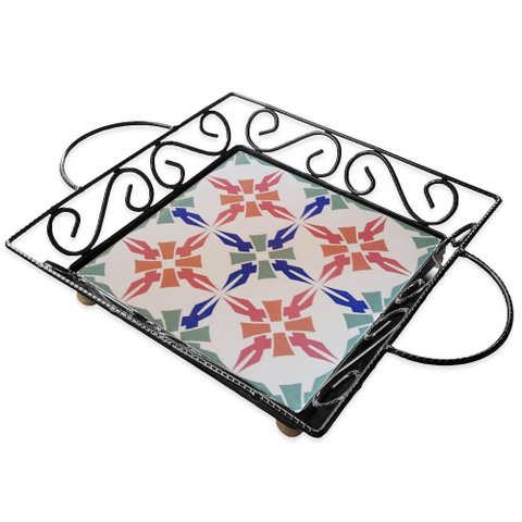 Fruteira de Mesa Bandeja Ferro e Azulejo Quadrada Premium Cozinha Azulejo G8