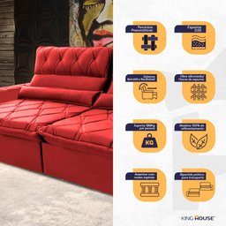 Sofá Retrátil/reclinável França 300cm Suede Velut com Molas no Assento - King House - 5
