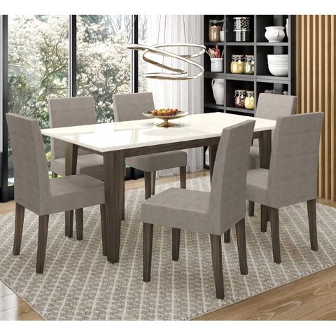 Sala de Jantar Mesa Liz 160x90 com Vidro 6 Cadeiras Josi Poliman