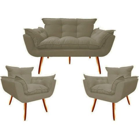 Namoradeira + 2 Poltronas Decorativa Opalla Sala de Estar Consultorio Clinica Suede Capuccino - Deco