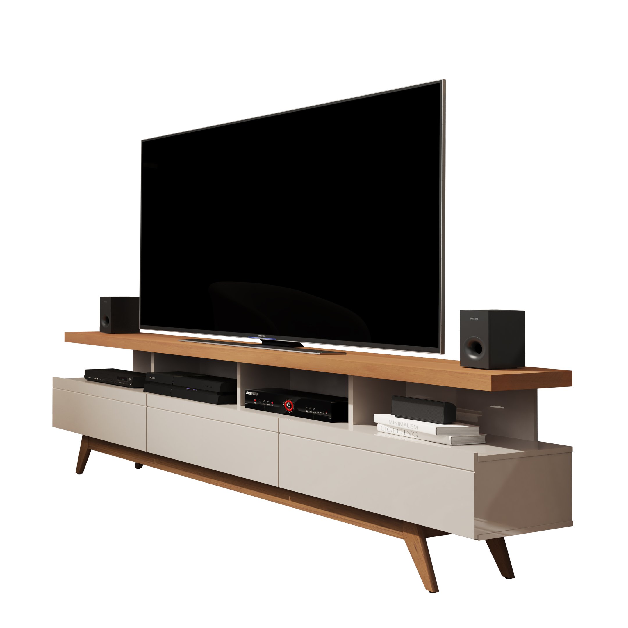 Rack para Sala Vivare Wood 1.8 p/ TV 72 pol. - 3 Gavetas:Off White/Nature