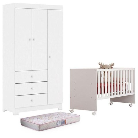 Berço Nacional Doce Sonho 3540 e Guarda Roupa Duda 3 Portas Branco Brilho com Colchão Gazin