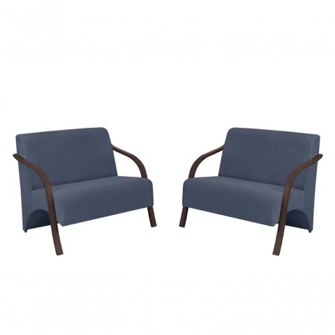 Kit 2 Poltronas 2 Lugares Suede Braço Madeira Azul Bic
