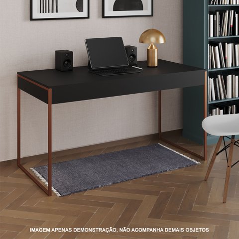 Escrivaninha Industrial Madeira Padrão Office Preta Malta 137x53cm com Base Cobre