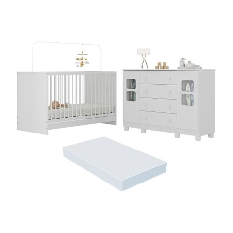 Berço 3 em 1 com Colchão Incluso e Cômoda 2 Portas 4 Gavetas Sol Multimóveis Mp4756 Branco