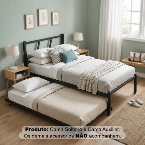 Cama Solteiro de Ferro Bruna 100% Aço Industrial Reforçada com Cama Auxiliar para Quarto - Preto