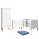 Ver imagem 1 de Dormitório Infantil Theo Retrô 2 Portas, Cômoda, Berço Branco com Pés Amadeirado e Colchão - Reller