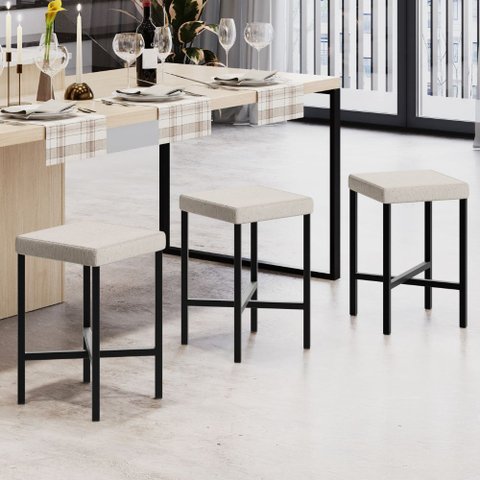 Kit 02 Banquetas Baixa Bar Cozinha Sala de Jantar Preto Stella L02 Linho Cru - Lyam Decor