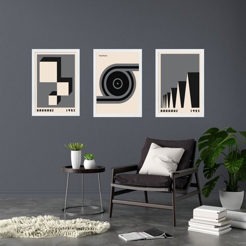 Kit 3 Quadros Geométricos Bauhaus Cinza e Preto 33x24cm:moldura Preta