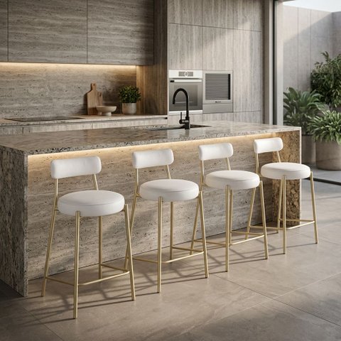 Banqueta Cozinha Média com Encosto Industrial Champanhe Kit 4 Londres PU Branco D03 - D'Rossi