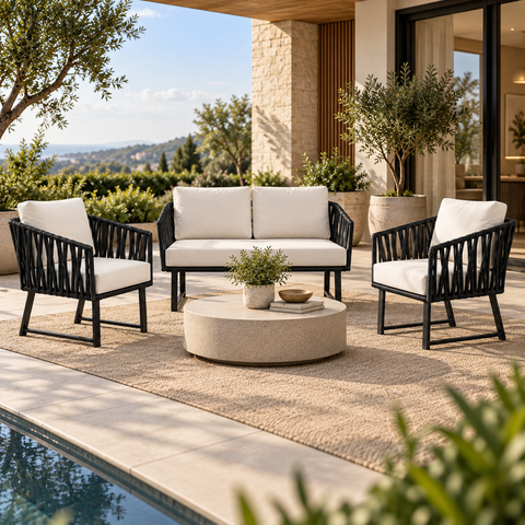 Conjunto Sofa + 2 Poltronas Tricô Náutico Alumínio Resistente Aquablock Área Gourmet Jardim:Preto