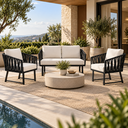 Ver imagem 1 de Conjunto Sofa + 2 Poltronas Tricô Náutico Alumínio Resistente Aquablock Área Gourmet Jardim:Preto