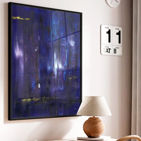 Quadro Decorativo Abstrato Azul Oceano em Moldura Caixa Tacolado Moldura Trad 1cm Branca com Vidro 3