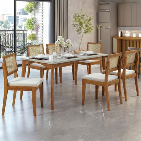 Mesa de Jantar 6 Lugares Monalisa Rainha com Vidro Mel Natural/off White - Nesher