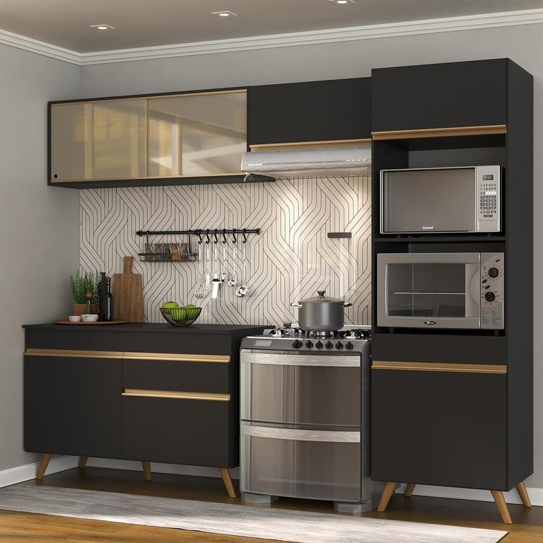 Cozinha Compacta 4 Pç com Armário e Balcão Mp3692 Veneza Gb Preta