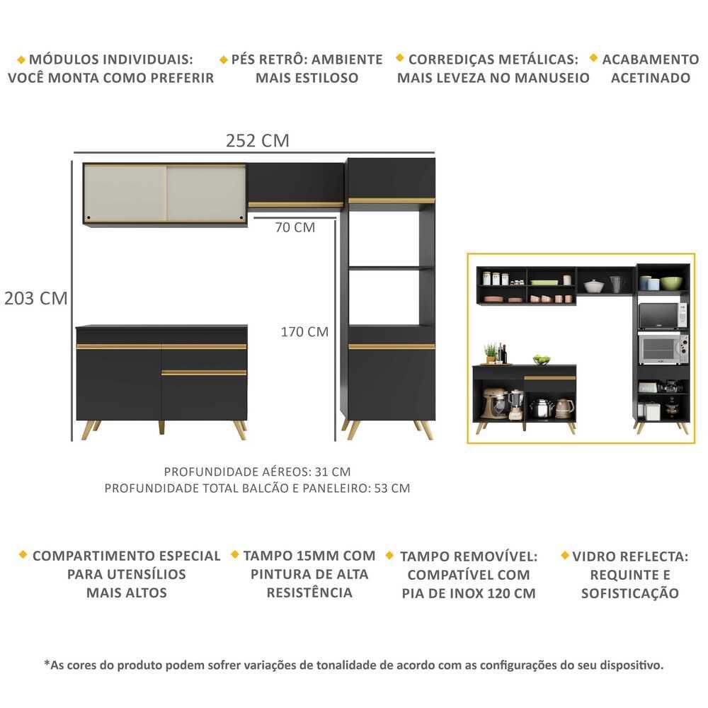 Cozinha Compacta 4 Pç com Armário e Balcão Mp3692 Veneza Gb Preta - 4