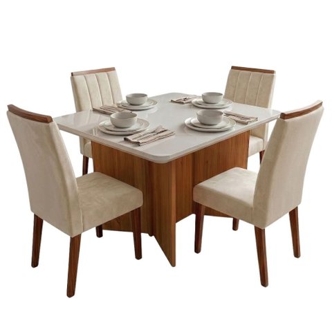 Conjunto Sala de Jantar Mesa 1,20m com Vidro Montreal 4 Cadeiras Sofia