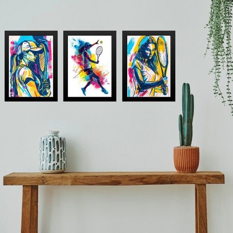 Kit 3 Quadros Gravuras Tenistas - Mulher 45x34cm - com Vidro:moldura Branca