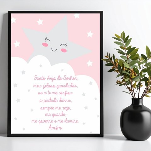 Quadro Infantil Santo Anjo - Estrelinha Cinza 24x18cm - com Vidro:moldura Preta