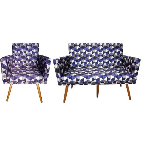 Kit Namoradeira + 1 Poltrona Decorativa Nina Suede Triângulo Roxo Pés Madeira Ms Decor