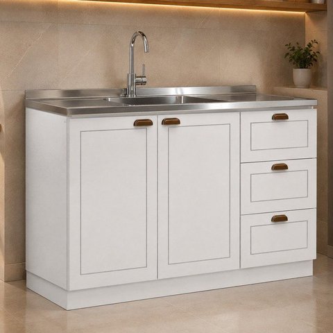 Balcão para Pia Modelo Americano Provençal 2 Portas 3 Gavetas Frentes em MDF sem Tampo Branco
