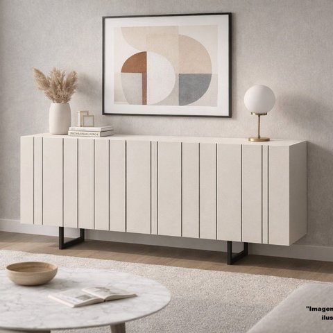 Buffet Aparador 100% MDF 4 Portas Frisado 180cm Pés em Metal Preto Luna