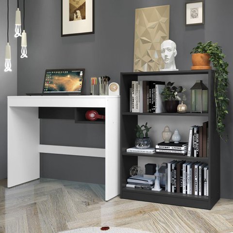 Escrivaninha Madesa Rubi + Estante Livreiro 6907 - Branco/preto