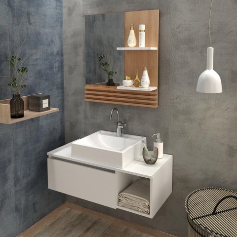 Kit Gabinete Branco e Espelheira Ame Mármore/br - Tecno
