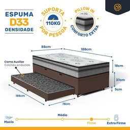 Cama Box Baú com Colchão Espuma D33 Pillow In Anjos Ortosleep + Auxiliar Unique Solteiro 88cm - 3