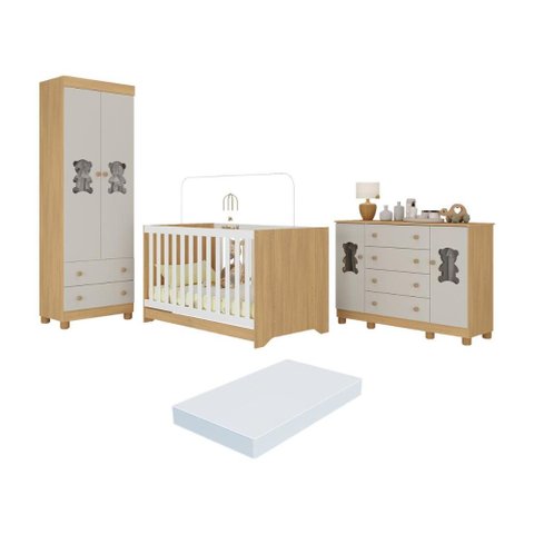 Quarto de Bebê Completo Berço Americano 3 em 1 Colchão Fofura Multimóveis Mp4673 Madeirado/off